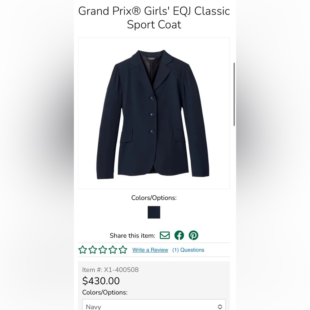 Grand Prix Girls EQJ Classic Sport Coat. Size 10R.